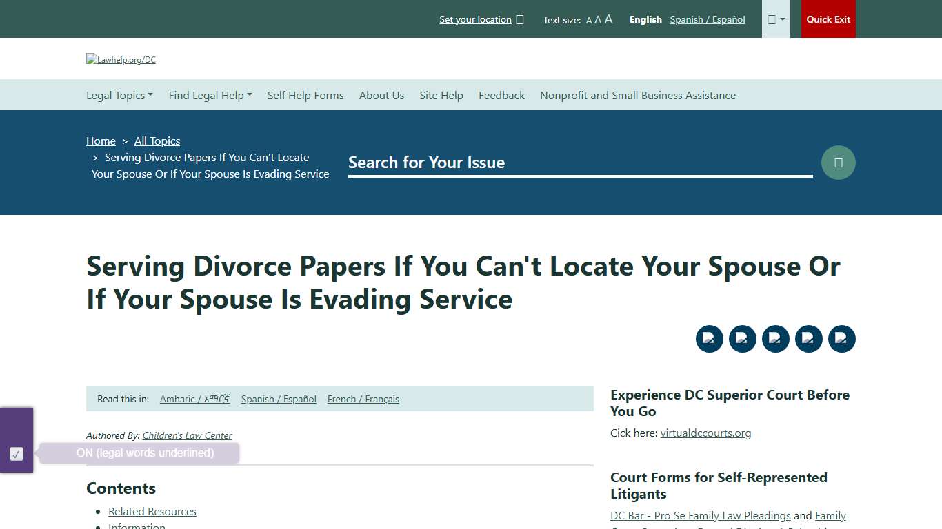 Serving Divorce Papers If You Can't Locate Your Spouse Or If Your Spouse Is Evading Service Welcome to LawHelp.org/DC A guide to free and low-cost legal aid and services in Washington, D.C.